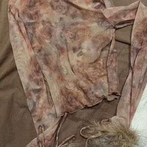 Sheer Rose Long Sleeve Top with Fur Cuffs